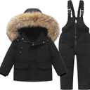 Fewlby Kids 2-Piece Snowsuit Toddler Baby Boys Girls Winter Wear Down Jacket Ski Jacket & Snow Bib Pants Ski Suit, Black 3-4 Years