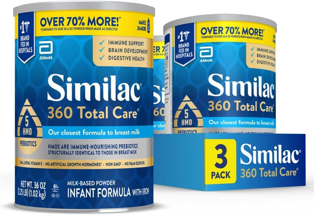 Similac 360 Total Care Infant Formula, Has 5 HMO Prebiotics, Our Closest Prebiotic Blend to Breast Milk, Non-GMO, Baby Formula Powder, 36-oz Value Can, Pack of 3, BBD 04/01/2027