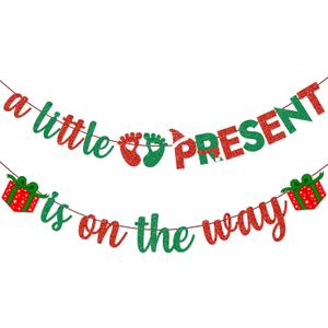 3 x A Little Present Is On The Way Banner - Christmas Baby Shower Decorations Winter Party Supplies