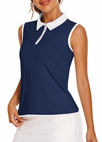 COOrun Women's Golf Polo Shirts V-Neck Sleeveless Collar Tennis Running T-Shirts Quick Dry Navy Blue L