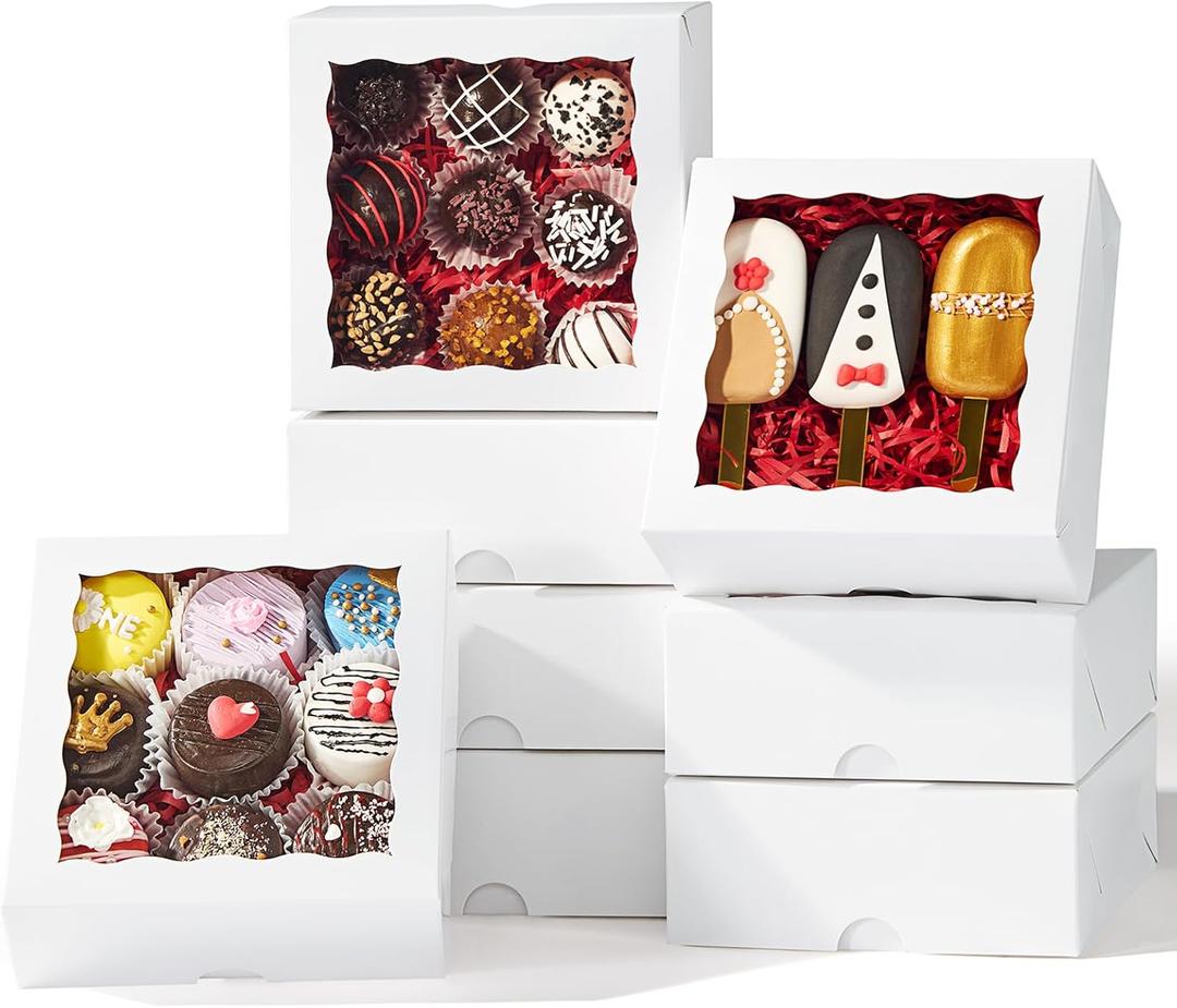 55pcs 6"x6"x2.5" Bakery Boxes with Window -Chocolate Covered Strawberries, Small Cake, Cookie, Macaron, Pie & Cakesickle Truffle Chocolate Boxes (White)