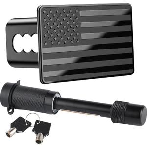 SINGARO Tow Hitch Cover, Heavy American Flag Metal Trailer Hitch Cover for 2 Inch Receivers, Ideal for Truck Accessories with 5/8-Inch Pin Diameter Trailer Hitch Lock (Black)