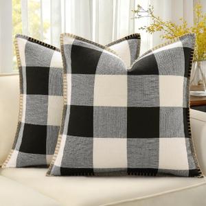 decorUhome Spring Buffalo Plaid Check Throw Pillow Covers 16x16 Set of 2 Outdoor Linen Decorative Farmhouse Gingham Pillow Covers with Stitched Edge for Bed Couch Sofa, Black and White