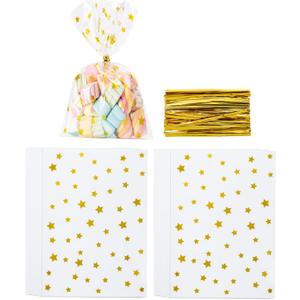 Aegero 120 Pack Star Printed 5"X 7" Gift Wrap Cello Cellophane Treat Bags,Gift Candy Goodies Bags with 140 Pcs Twists for Valentine,Birthday,Bakery,Wedding,Gift Cookie Snack Packing,Party Favor Supplies(Gold )