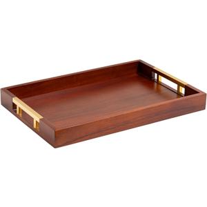 Acacia Wood Serving Tray with Polished Gold Stainless Steel Metal Handles, 17.5x12in Large Ottoman Food Drinks Coffee Table, Breakfast, Dinner & Bar, Kitchen, Bedroom Gift Box