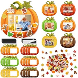 Fovths 24 Pack Fall DIY Foam Picture Frames Craft Kit Thanksgiving Autumn Pumpkin Photo Frame Ornaments with 300 Stickers for Thanksgiving Gifts Holiday Home Party Activities
