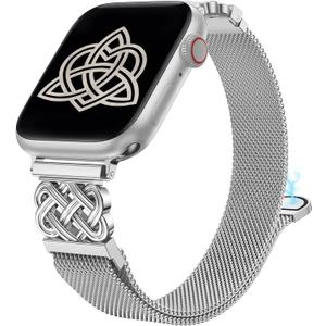 Stainless Steel Magnetic Loop Compatible with Apple Watch Band 41/40/38/49/46/45/44/42mm Women Mesh Celtic Knot Dressy Strap for iWatch Series 11/10/9/8/7/6/5/4/3/2/1/SE & Ultra(1/2/3) (Silver)