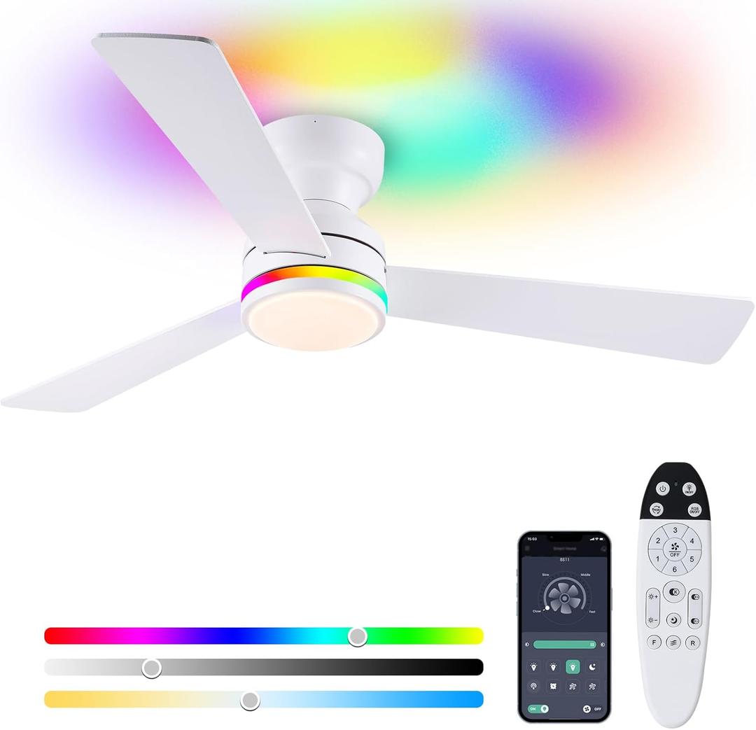 Asyko Ceiling Fans with Lights, 46 Inch Low Profile Ceiling Fan with Light and Remote Control, Reversible, RGB Dimmable, Quiet, White Ceiling Fan for Bedroom Indoor/Outdoor Use