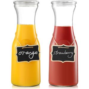 Set of 2 Glass Carafe with Lids, 1 Liter Water Pitcher Carafe for Mimosa Bar, Brunch, Cold Water, Beverage, Wine, Iced Tea, Lemonade - 2 Wooden Chalkboard Tags Included