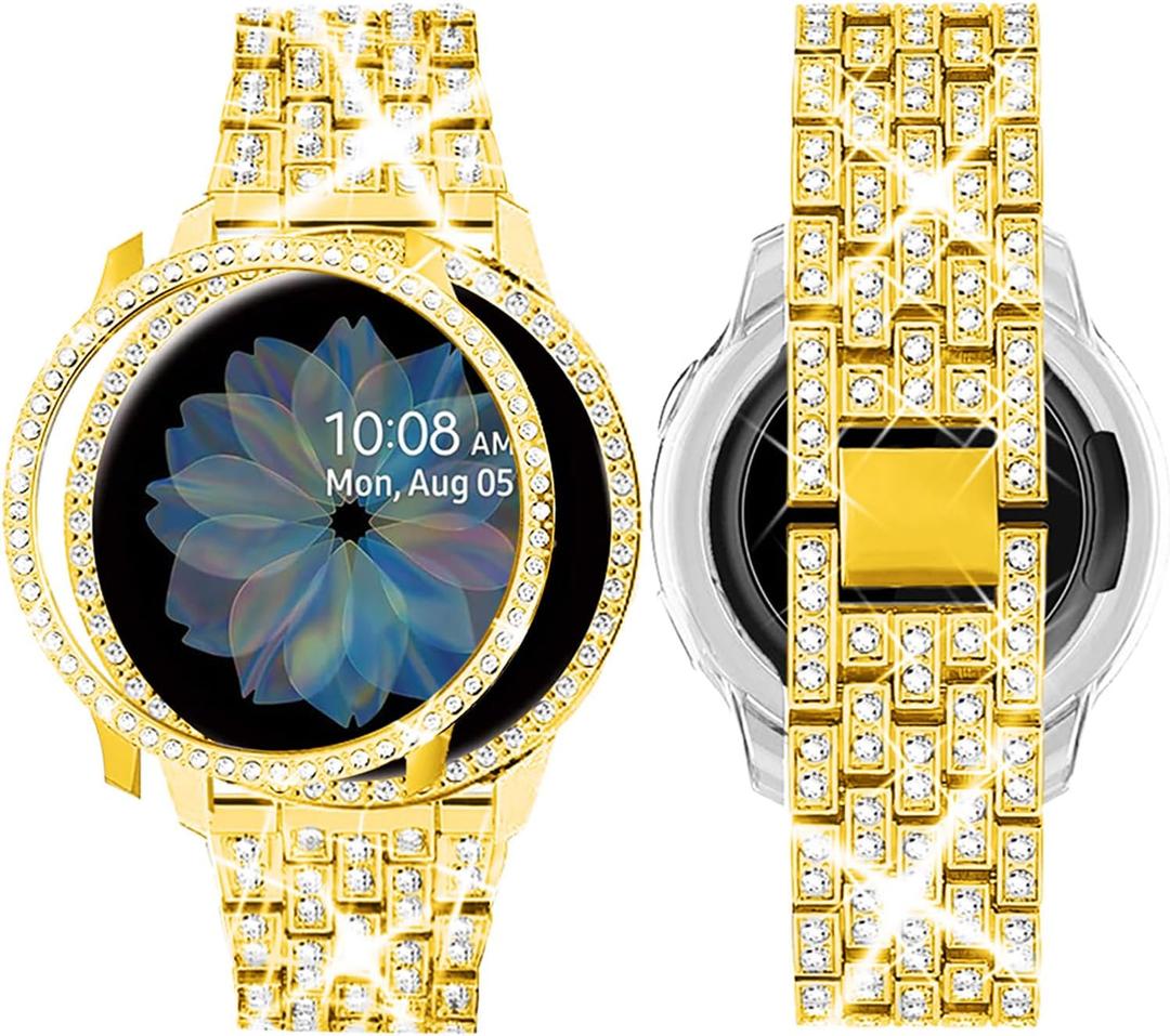 SUPOIX Band with Case ONLY Compatible for Samsung Galaxy Watch 6 44mm, 20mm Women Bling Replacement Strap & PC Protective Bumper Face Cover for Galaxy Watch 6 44mm (Gold/ 44mm)