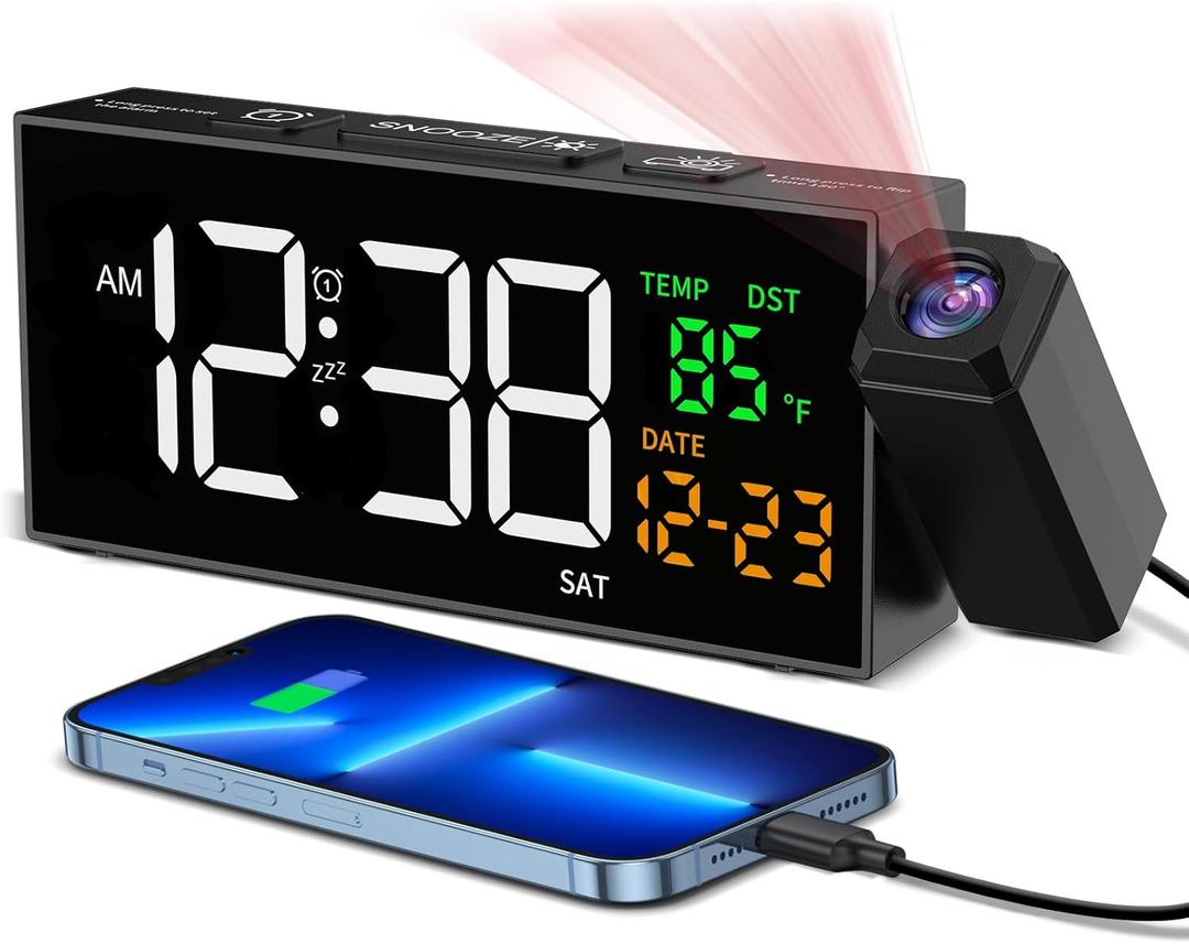 Netzu Projection Clock for Bedroom Ceiling, Alarm Clocks with 180 Rotatable Projector, Date Temperature and Weekday, Manual DST, 5 Brightness, 10 Ringtones, 4 Volumes and Snooze (Black)