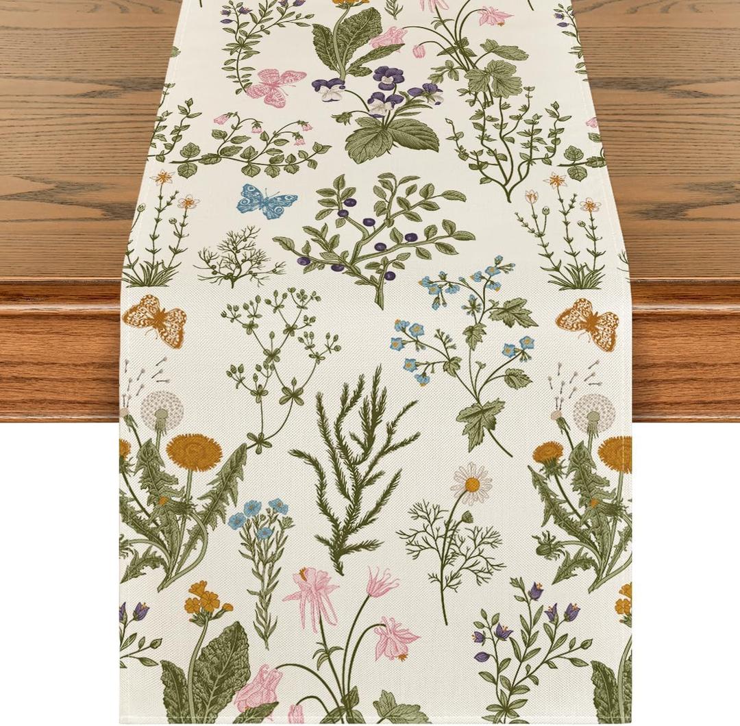 Artoid Mode Wildflowers Floral Spring Table Runner, Seasonal Summer Butterfly Kitchen Dining Table Decoration for Home Party 13x72 Inch