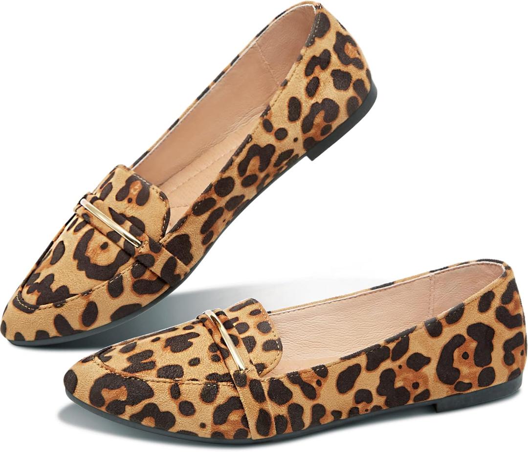 Obtaom Women's Pointy Toe Loafer Flat Comfortable Faux Suede Work Shoes,Cute Penny Loafer Slip On Ballet Flat (9, Leopard Print)