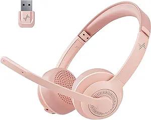 JIAMQISHI Wireless Headset with AI Noise Cancelling Microphone Bluetooth Headset  Bluetooth V5.2 Headphones with USB Dongle & Mic Mute for Computer/Laptop/PC/iPhone/Android/Cell Phones (Pink)