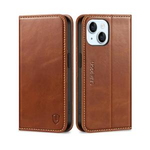 SHIELDON Case for iPhone 15 2023, Genuine Leather Wallet Book Case Magnetic RFID Blocking Credit Card Holder Kickstand Shock Absorbing Cover Compatible with iPhone 15 6.1" - Retro Brown