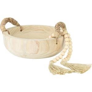 Paulownia Wood Bowl Rustic Wooden Dough Bowl for Decor Decorative Round Serving Key Bowl with Rope Handle and Wood Bead Garland for Christmas Tabletop Centerpiece Home Decor 9.5 inches