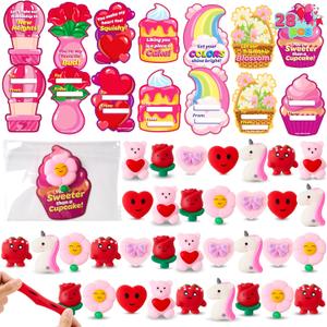 JOYIN 28 Packs Valentines Day Gift Cards with Mochi Squishy Toys, Stress Relief Fidget, Cute Miniature Novelty Squeeze Toys for Kids Valentine's Party Favors, School Exchange and Goody Bag Fillers