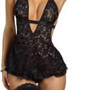 SOLY HUX Women's Lace Babydoll Halter Lingerie Dress and Thongs Nightwear with Leg Rings 4 Piece Set (Black, XL)