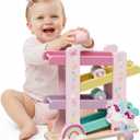 Lehoo Castle Wooden Car Ramp Toys for 1 Year Old Girl Birthday Gifts, Unicorn Montessori Toys for One Year Old, Wooden Race Track with 4 Rollers Toddler Toys for 2 Year Old Girl