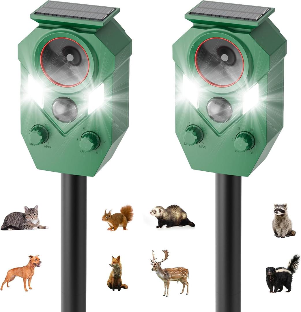 2-Pack Solar Powered Ultrasonic Animal Repeller with Motion Sensor, Outdoor Waterproof Deer Repellent Devices with Flashing Light for Garden, Yard & Patio, Coyotes, Raccoons, and Cats