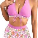 Herseas Women's Bikini Sets 2 Piece Tropical Print Swimsuit Halter Top & Boy Short Bathing Suit (XX-Large, Light Pink)