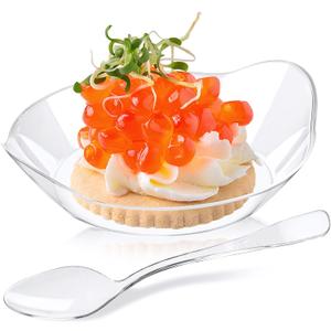 Kucoele 100 Pack Mini Dessert Plates, Small Clear Plastic Trays with Spoons Disposable Party Serving Plates for Appetizer, Dessert, Fruit