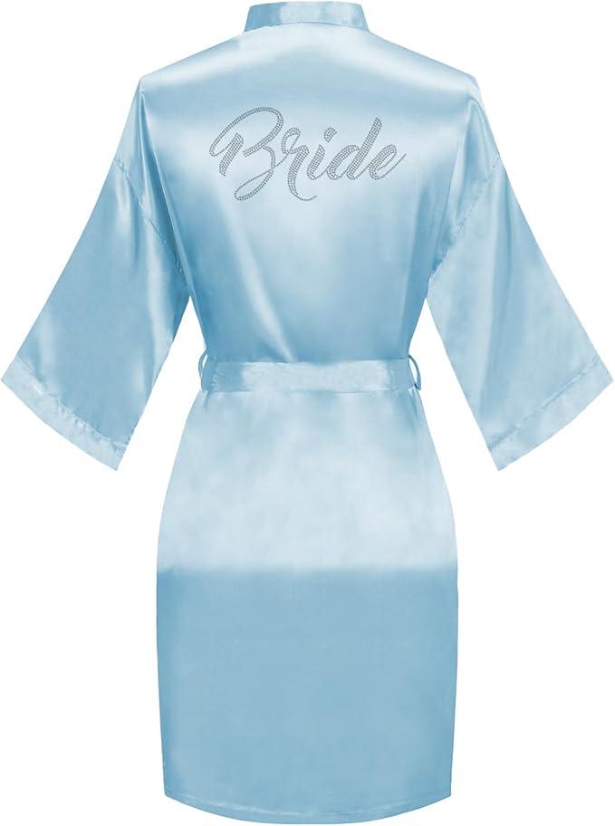 Women's Kimono Bride Bridesmaid Robes with Rhinestones Short Satin Bathrobes Wedding Party Getting Ready Day, ONE SIZE