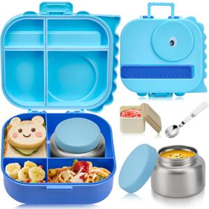 Bento Lunch Box with Thermo, 4-Compartment Bento Box with Adjustable Dividers, Leakproof Dinosaur Lunch Box with 14.2OZ Insulated Food Jar & Sauce Jar, for School Office Travel (Blue)