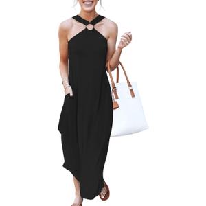 ANRABESS Women Summer Halter Neck Sundress Sleeveless Split Side Casual Beach Travel Vacation Maxi Long Dress with Pockets (Small, Black)