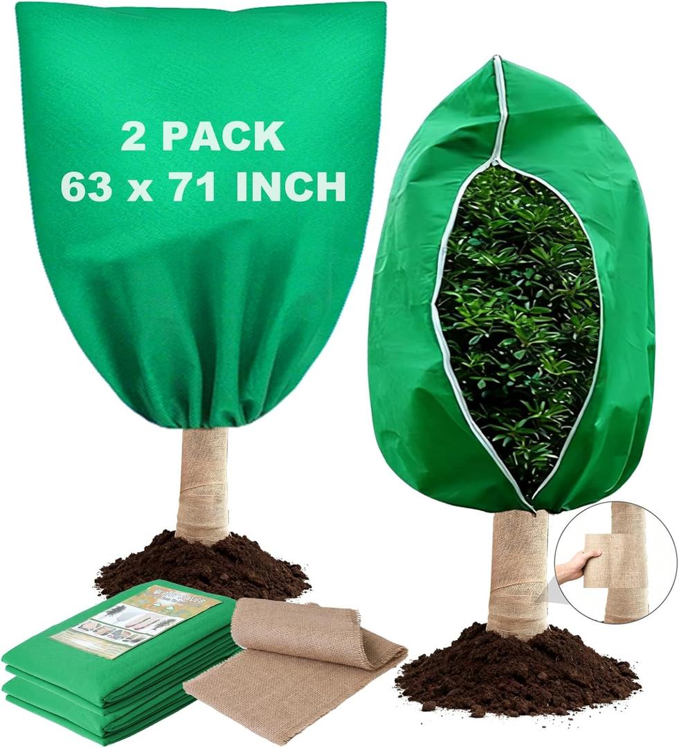 2 Packs Plant Covers Freeze Protection with Burlap Tree Wrap, 63'' x 71'' Plant Covers with Zippers and Drawstrings Winter Frost Cloths for Outdoor Plants & Fruit Trees