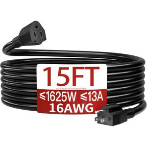 16/3 13A 125V 1625W 15 FT Outdoor Extension Cord Waterproof, Weatherproof & Flame Retardant Black 3 Prong Power Cord Outside for Lawn & Garden,125 VAC 16AWG SJTW, ETL Listed