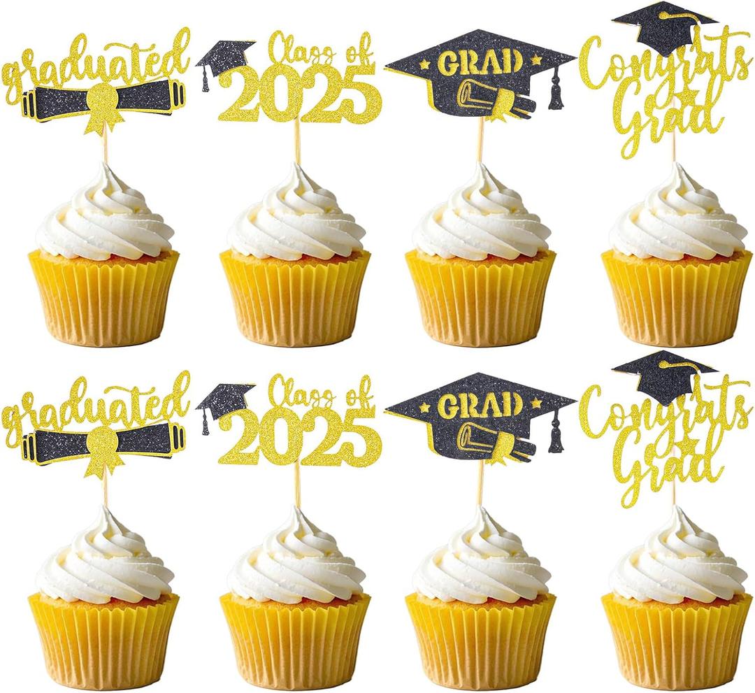 Sucrain 96PCS 2025 Graduation Cupcake Toppers, Grad Cap Food/Appetizer Picks For Graduation Diploma Party Mini Cake Decorations (Gold and Black)
