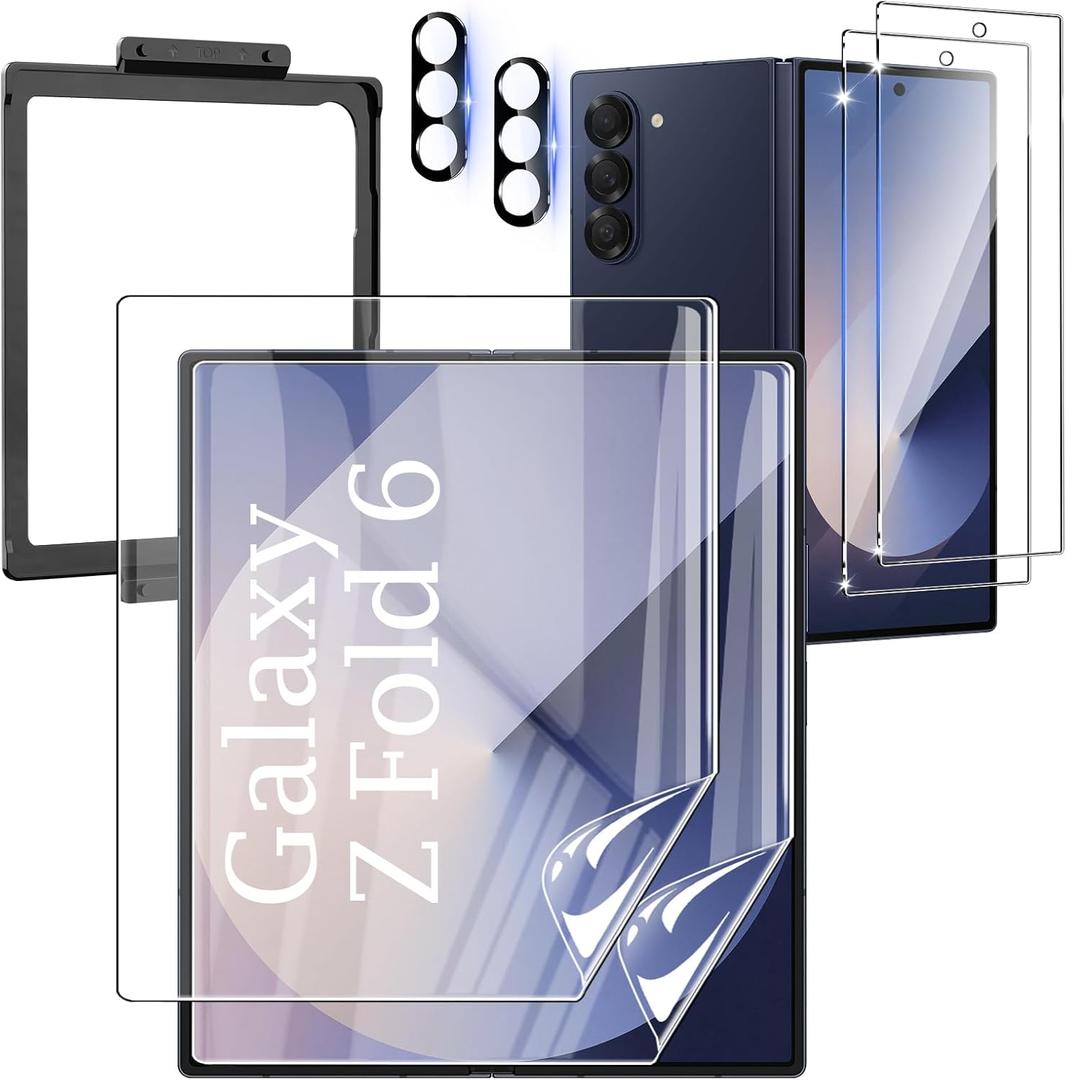 [2Set 6PCS] Screen Protector Compatible with Galaxy Z Fold 6 5G - 2 Inner TPU Film + 2 Outer Tempered Glass + 2 Camera Lens Protectors with Positional Mouting Frame, Bubble Free
