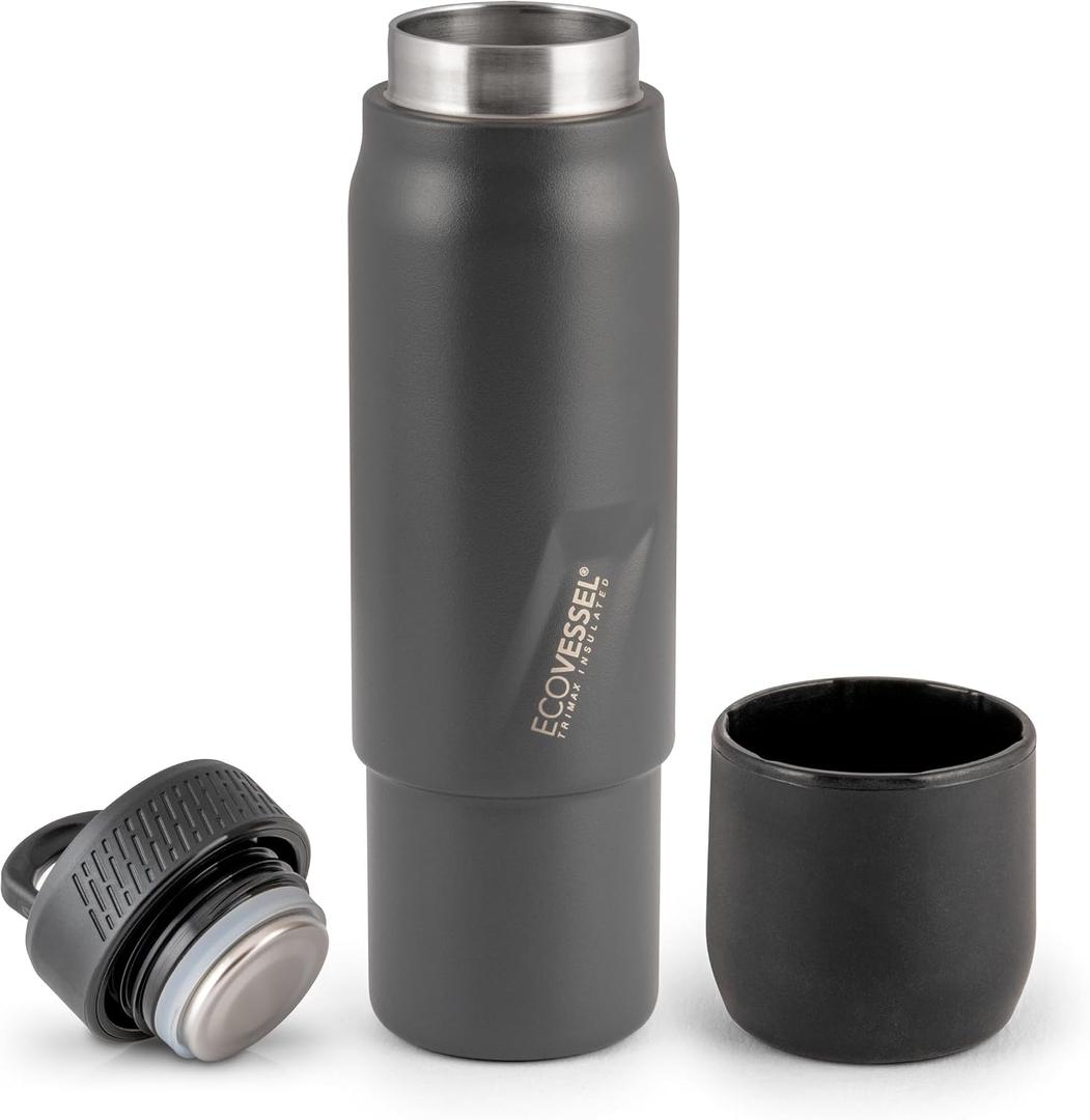 EcoVessel Stainless Steel Flask with Removable Shot Cup, Vacuum Insulated Bottle for Hot and Cold Drinks, Thermos with Folding Handle for Travel and Camping, 8oz (Gray)
