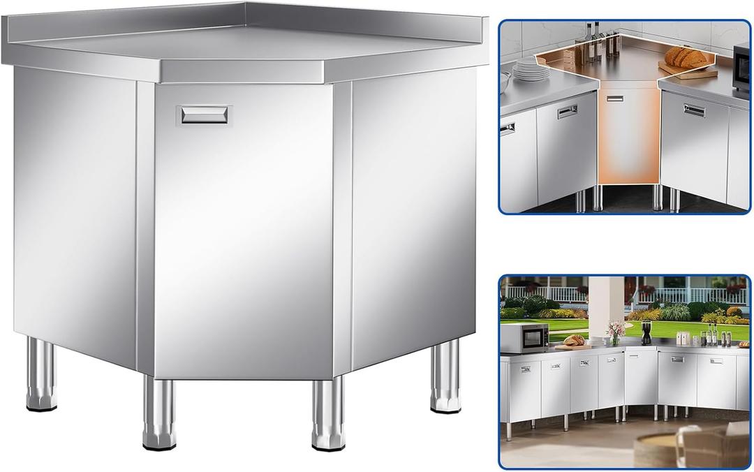 ZZV Corner Stainless Steel Table Cabinet for Prep & Work, Heavy Duty Prep Table with Pull-Out Door, Commercial Kitchen Work Table Workbench with Cabinet for Restaurant, Garage, Warehouse and Workshop