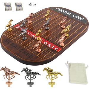Horse Race Board Game Thickened Wood Finish Line Horse Racing Game Gambling for 2-11 Players Included 11 Metal Horses,2 Dices and 2 Decks of CardsOval,Vintage Flame