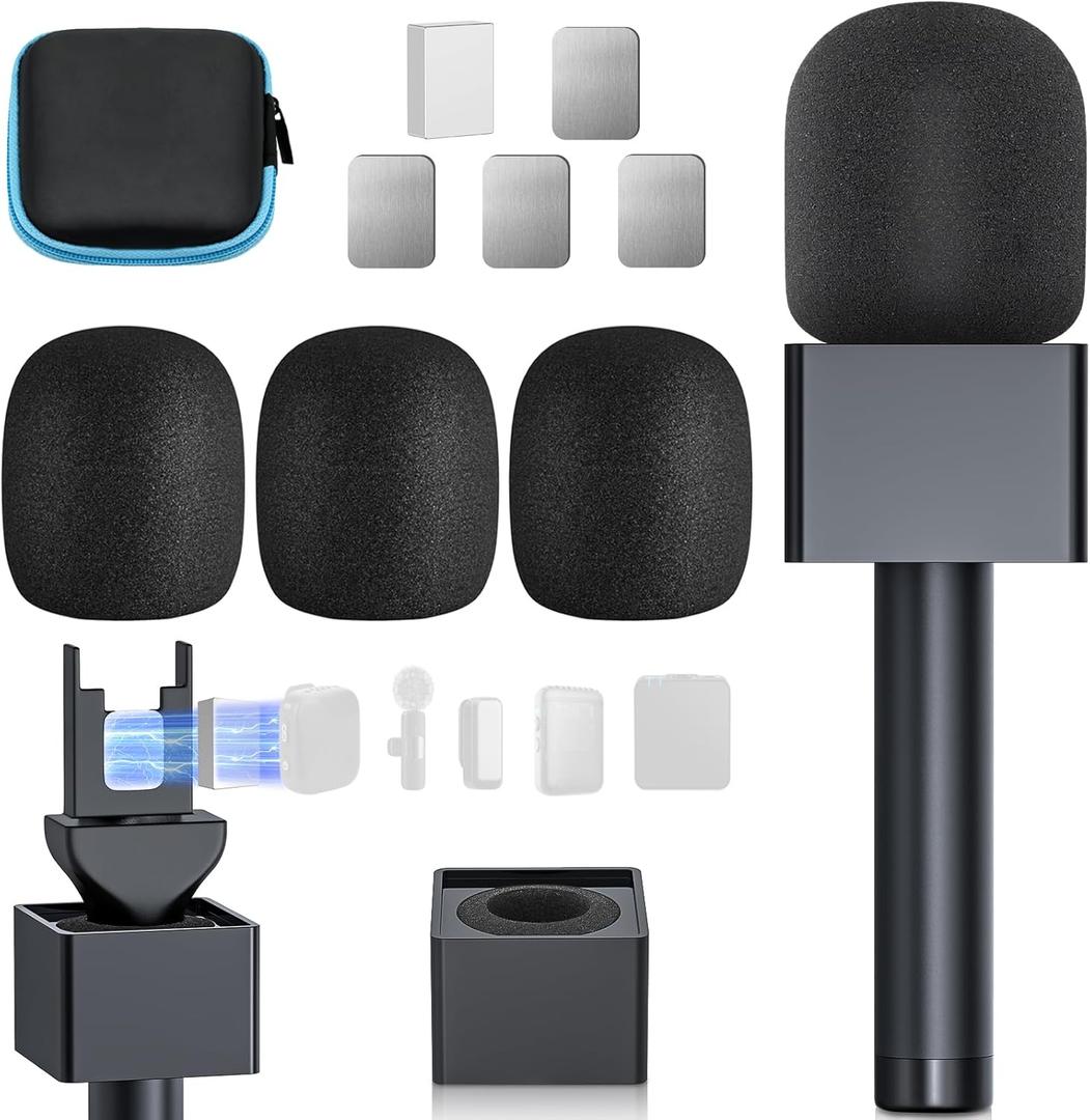 Handheld Adaptor for Interview Mic, Mic Handle Compatible with DJI, Rode and All Lav Microphone, Wireless Microphone Handle, Mic Holder with 3 Pop Filter and Flag Station for Vlogging, Reports