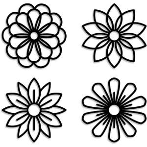 LIYOUYA 4 Pieces Geometric Blooming Floral Metal Wall Decor - Rustic Farmhouse Decor Black Simple Wildflower Wall Art Home Decor for Living Room, Bathroom, Bedroom, Dining Room (Black)