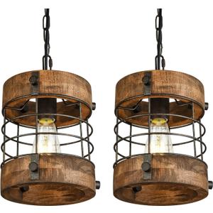 Retro Industrial Metal and Wood Farmhouse Chandeliers, 1-Light Round Cage Pendant Light Fixtures for Farmhouse Kitchen Island Foyer Hallway Bar Dining Room Restaurant, Brown, 2 Pack
