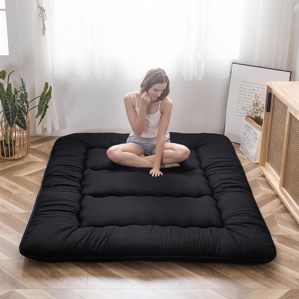 MAXYOYO Japanese Floor Mattress Futon Mattress, 4" Thicken Tatami Mat Sleeping Pad Foldable Roll Up Mat Boys Girls Dormitory Pad Kids Floor Lounger, Black, Twin Size