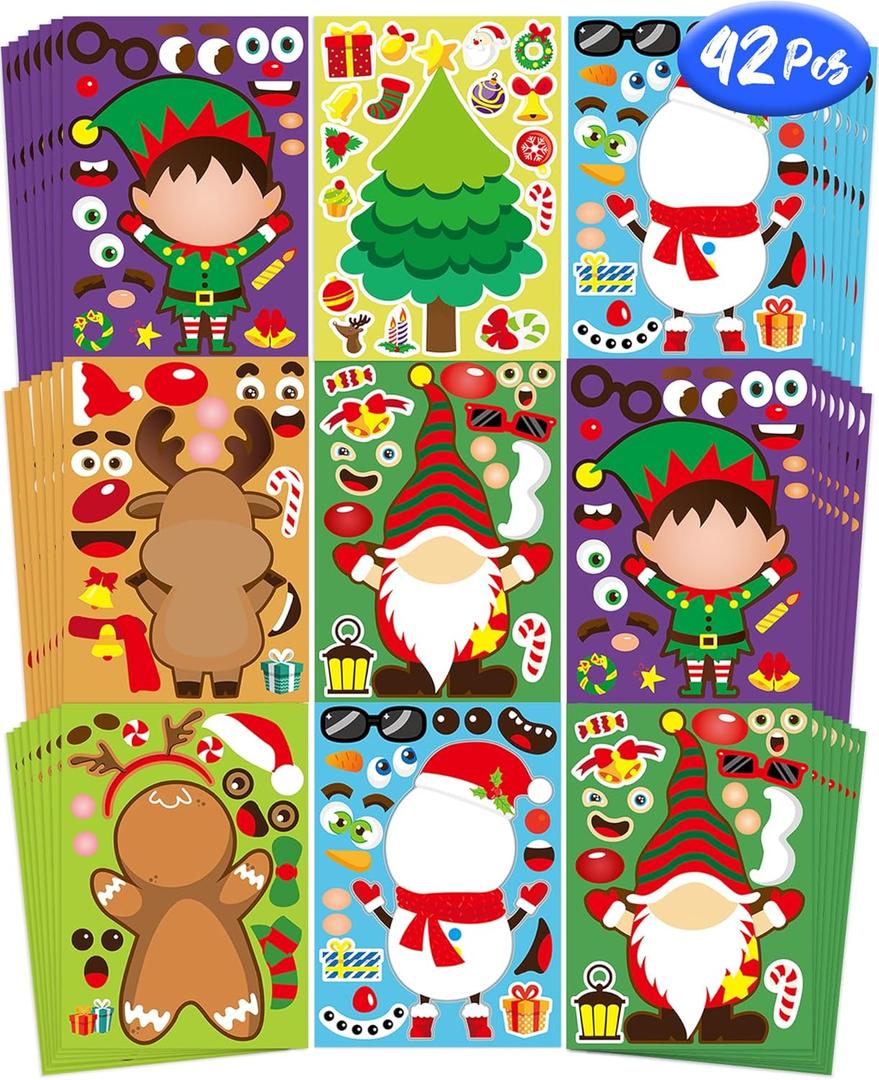 42 Sheets Christmas Party Favor Stickers for Kids, Christmas Goodie Bag Stocking Stuffers Face Stickers, Gifts Games Activities Holiday Sticker Crafts for Kids