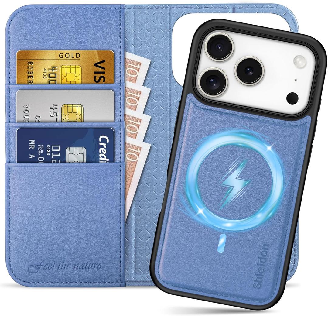 SHIELDON Detachable Genuine Leather Wallet Case for iPhone 17 Pro 6.3" | Wireless Charging, Flip Magnetic Closure, RFID Blocking Credit Card Holder, Kickstand, Shockproof - Wisteria Purple