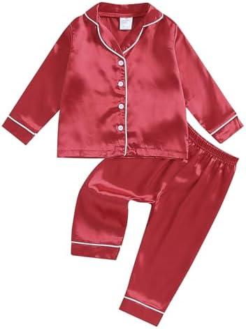 Multitrust Baby Girls Boys Silk Pajamas Set Solid Long Sleeve Button Down Shirts Tops and Pants Infant Satin Pj Lounge Sets, 90