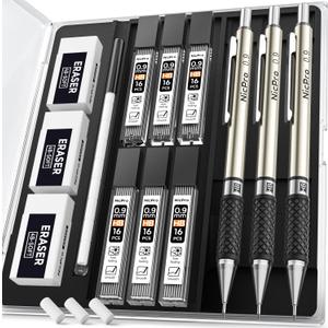Nicpro 0.9 mm Art Mechanical Pencil Set in Storage Case, 3 PCS Metal Drafting Pencil Lead Pencil with 6 Tube HB Lead Refills, 3 Erasers, 9 PCS Eraser Refills for Artist Writing, Drawing, Sketching