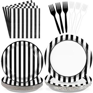 Grencian 96Pcs Black and White Striped Party Decorations Black and White Striped Party Plates Disposable 350GSM Striped Paper Tableware Set for Birthday Wedding Halloween Party, Serves 24