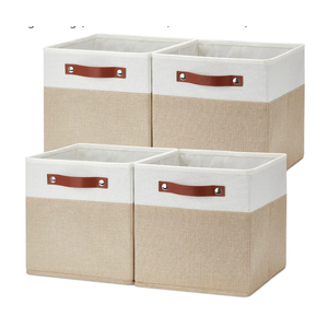 Temary Fabric Storage Cubes Bins, 11 inch Cube Storage Baskets, Foldable Cube Bins Set with Handles, Decorative Storage Boxes for Home Organizing (White & Khaki, 11 x 11 x 11)