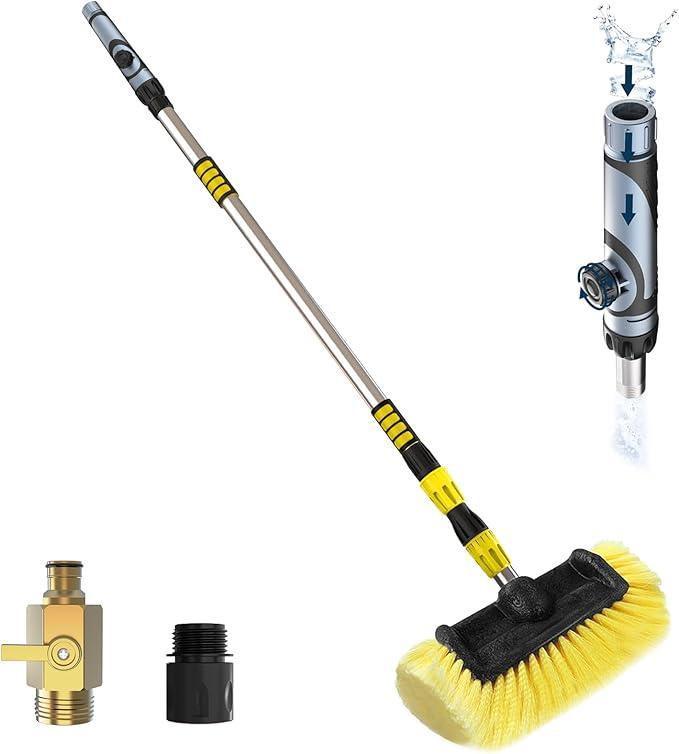 LAANPOLE 12FT Car Wash Brush with Long Handle, Car Cleaning Brush with 12 Inch Soft Bristle and Soap Dispenser, Solar Panels Cleaner with Telescoping Pole for RV, Truck, Boat, House Siding, Yellow