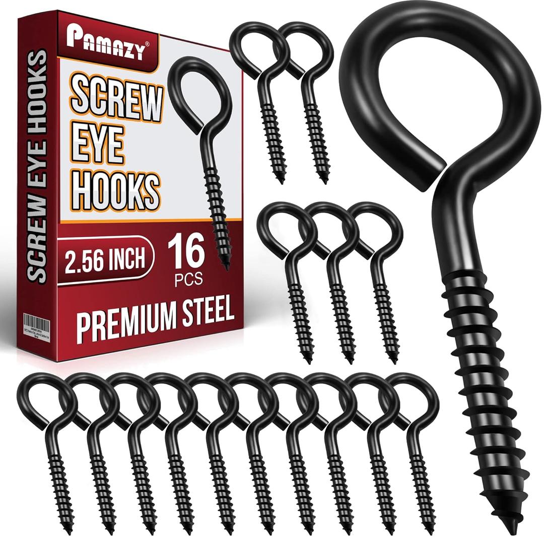 16pcs Screw Eyes, 2.56 Inch Black Eye Hooks Screw Self Tapping Eye, Heavy Duty Eye Bolt for Wood Securing Cables Wire, Hammock Stand, Indoor & Outdoor Use