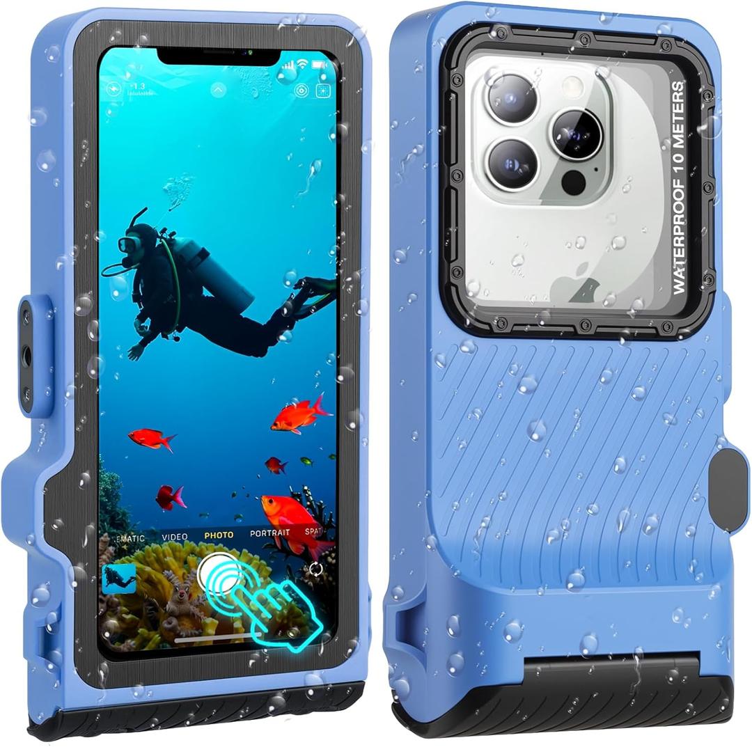 2025 Upgrade Universal Underwater Waterproof Diving Snorkeling Phone Case for iPhone 16/15/14/13/12/11 Pro/Pro Max/XS/X Samsung Galaxy S24/S23/S22/S21 Scuba Underwater Touchscreen Photo Video Housing (Blue Black)