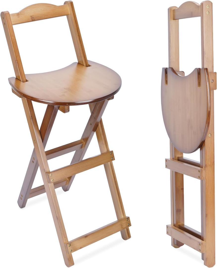 Folding Bamboo Bar Stools Counter Barstools with Backrest and Footrest Foldable Wooden Bar Stool Folding Dining Chair for Home Kitchen Breakfast Counter, 1PC